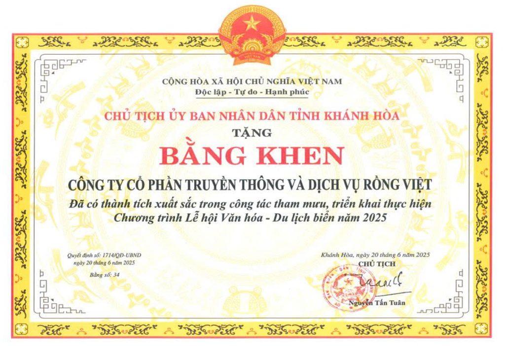 giấy khen của Rồng Việt