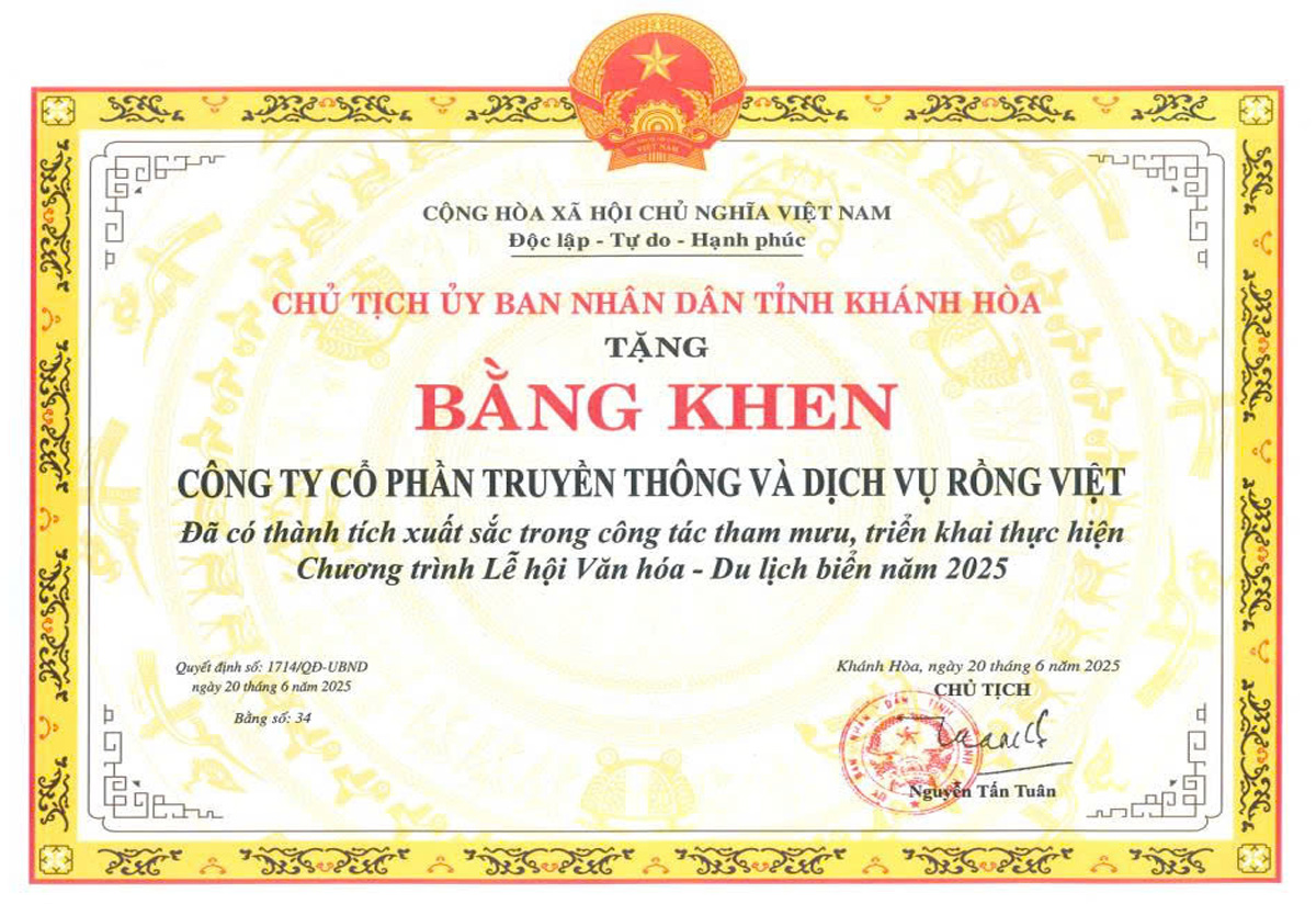 giấy khen của Rồng Việt
